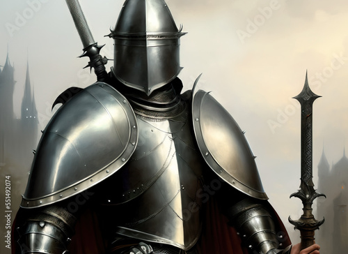close portrait of a gothic knight without helmet  massive armor  intrincate design