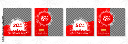 Christmas sale banner set. Xmas discount or promotion card template. Social media post, promo frame or border collection. 20, 50, 60 70 percent price off. Winter background. Vector illustration.