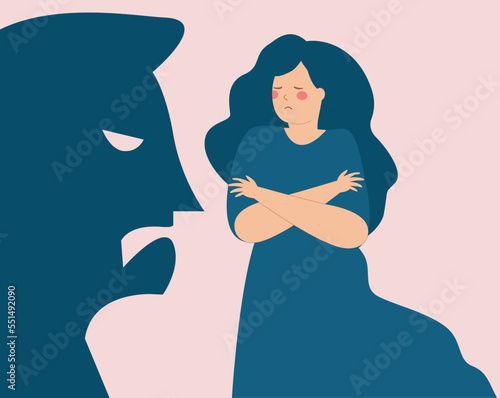 Man's shadow threatening a terrified woman. Girl says NO to abuse and protects herself. Stop domestic violence, school bullying. Protest against sexual assault and exploitation concept. 