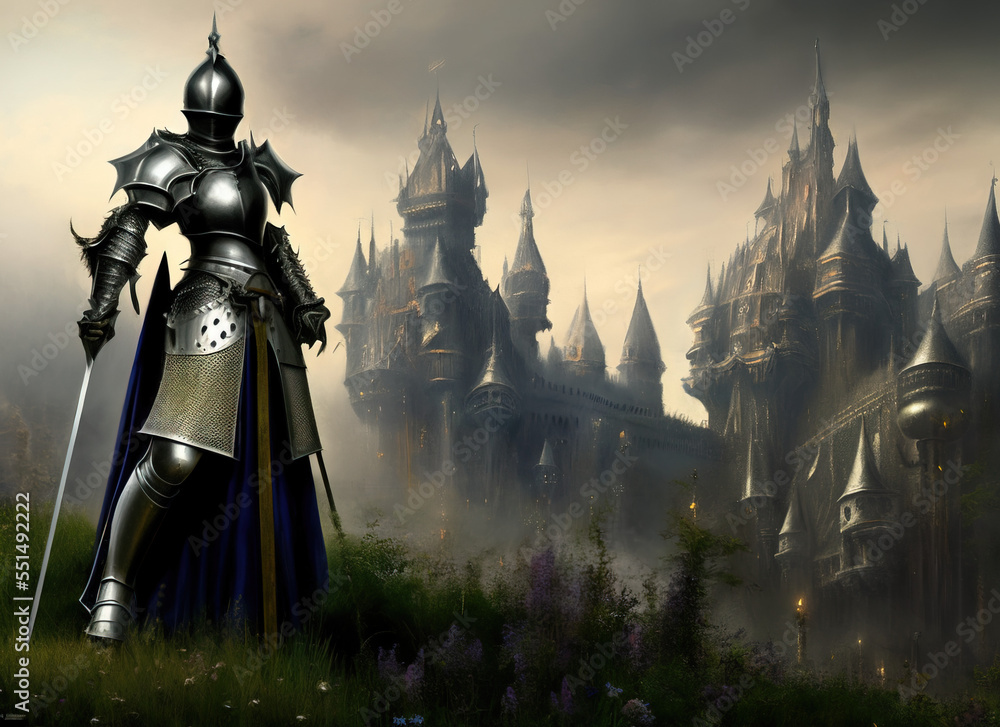 close portrait of a gothic knight without helmet, massive armor