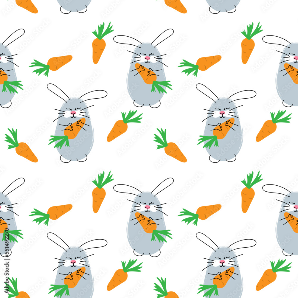 Seamless pattern with funny bunny and carrots.  Cute children's print in cartoon style. Vector illustration