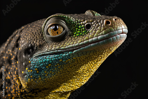 Close-up of a bejeweled lacerta lizard's head, timon lepidus, on a black backdrop