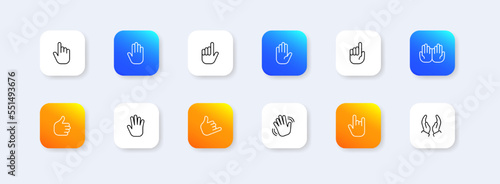Hand gestures set icon. Index finger, fist, cool, deafmute, respect, salute, thumb up, waving, down. Gestures for the deaf concept. Neomorphism style. Vector line icon