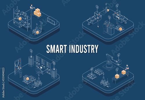 3D Modern isometric design concept of Smart Industry with development production packaging, global logistics partnership, delivery, automated production line. Vector illustration Eps10