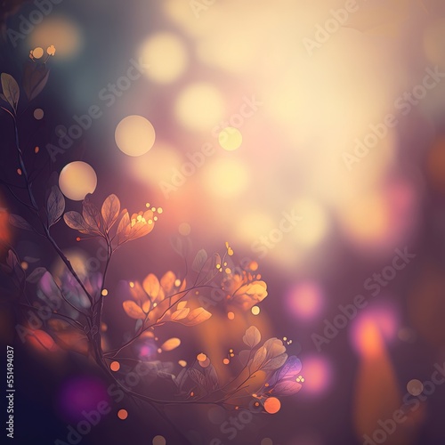 Abstract fairy tale blurred background with flower plant elements and bokeh lights. Ai generated.