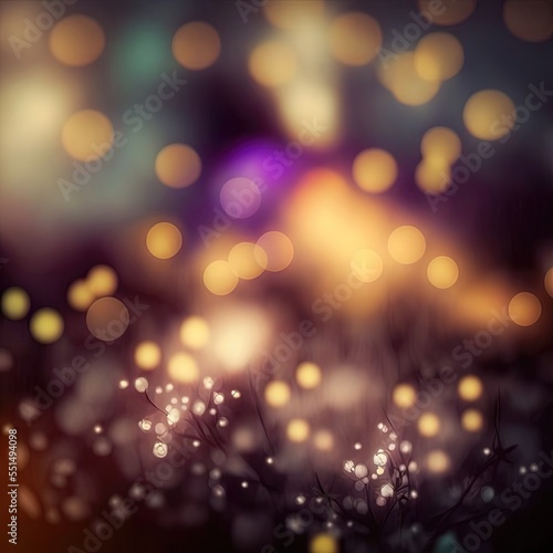 Abstract fairy tale blurred background with flower plant elements and bokeh lights. Ai generated.