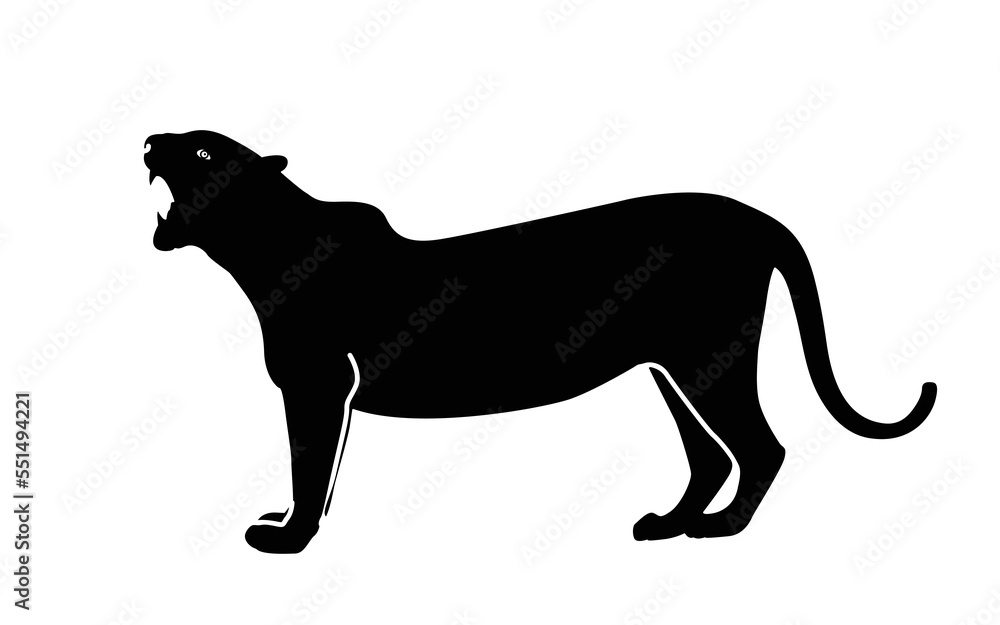 A black silhouette of a standing tiger. Isolated on white background Tiger logo design set. Symbol, vector