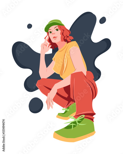 The girl is squatting. A girl in a green cap, yellow T-shirt, red pants and green sneakers. Skater pose. Blot for a girl. Vector illustratoin in flat style on a white background