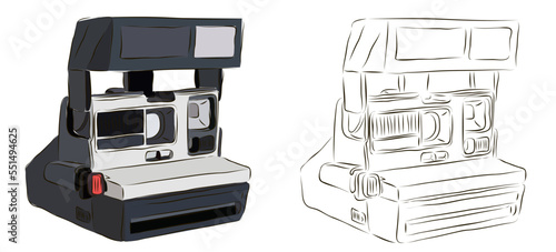 An old polaroid camera in color and in black and white. The concept of the old polaroid technique.