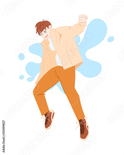 The boy is dances on the dance floor and stands on one leg. The boy is stylishly dressed, in orange pants, sneakers, a beige shirt. Vector illustratoin in flat style on a white background