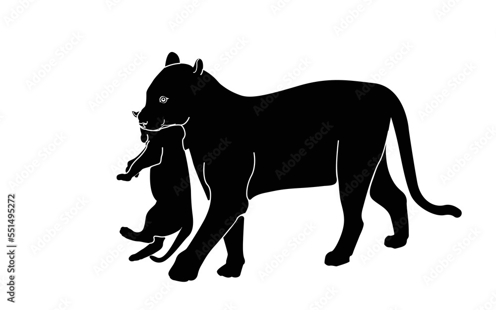 Silhouette of a young tiger holding her cub. Isolated on white background Tiger logo design set. Symbol, vector