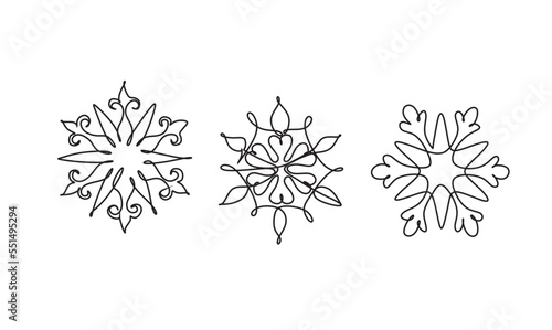 Continuous line drawing set of snowflakes, winter theme.