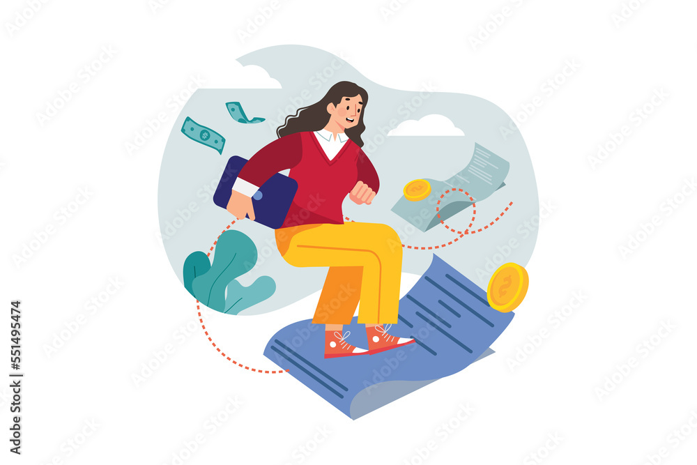 Woman flies on a bill of money to the office Woman flies on a bill of money to the office