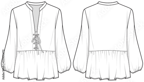 Fotografia womens bishop sleeve peasant blouse flat sketch vector illustration technical ca