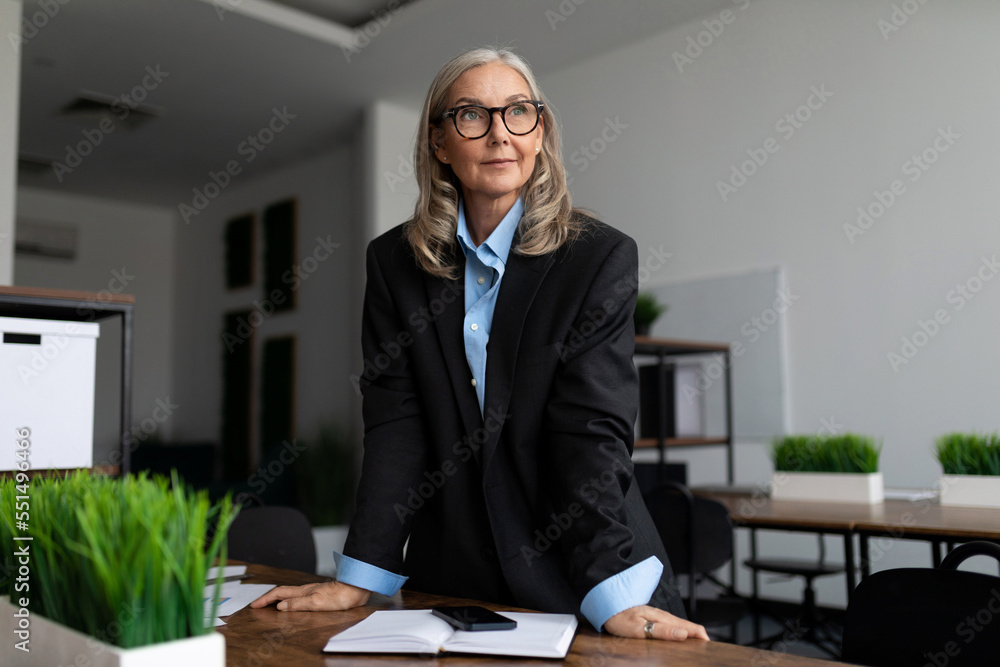 senior businesswoman caucasian stands at the desk and looks at the camera senior businesswoman caucasian stands at the desk and looks at the camera