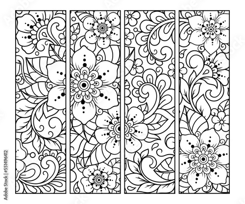 Bookmark for book - coloring. Set of black and white labels with floral doodle patterns, hand draw in mehndi style. Sketch of ornaments for creativity of children and adults with colored pencils.