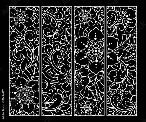 Bookmark for book - coloring. Set of black and white labels with floral doodle patterns, hand draw in mehndi style. Sketch of ornaments for creativity of children and adults with colored pencils.