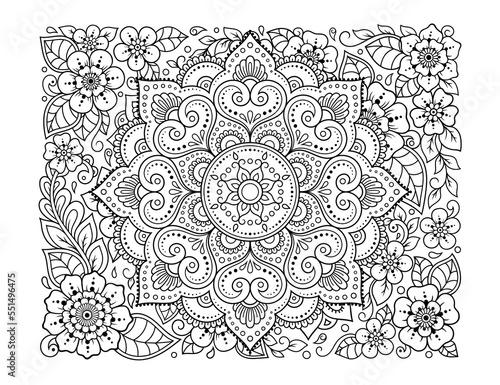 Outline floral pattern in mehndi style for coloring book page. Antistress for adults and children. Doodle ornament in black and white. Hand draw vector illustration.