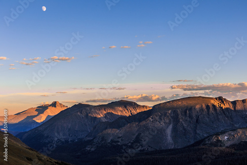 Sunset and Moonrise over Longs Peak, Rocky Mountain National Park, Colorado