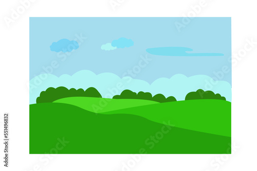 Paysage avec dégradé de vert sur la prairie et ciel avec nuages sur fond bleu