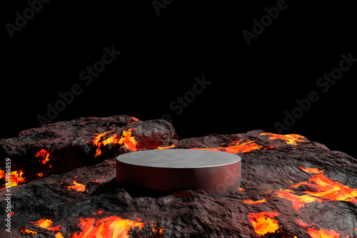 3D render Platform background, Podium lava rocks on volcano with magma and lava erupt for product display, Blank showcase, mock up template, presentation or etc