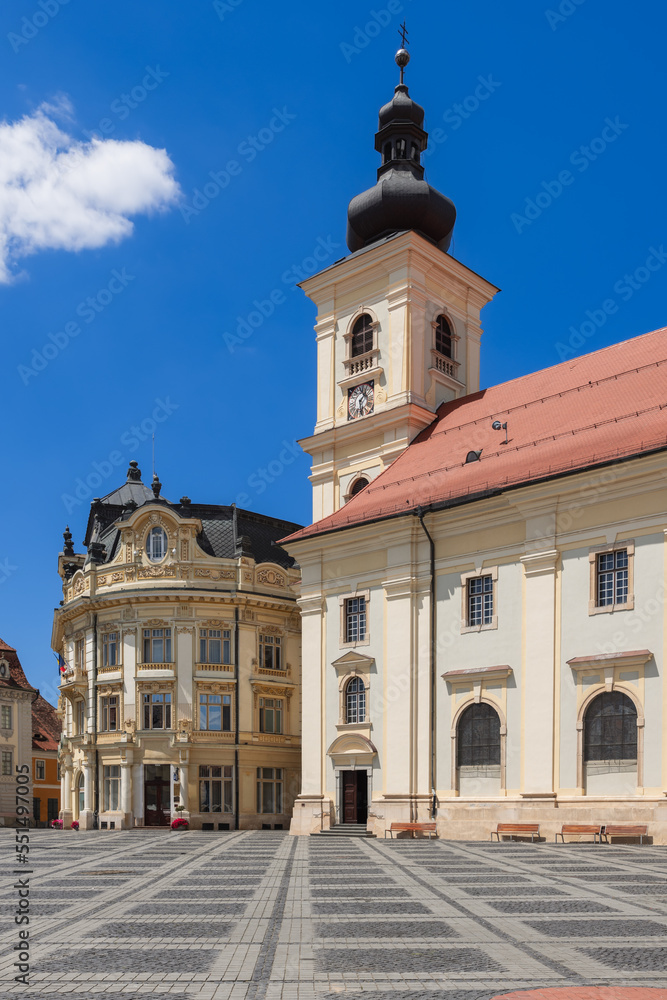 The building of City Hall (Primaria Municipiului Sibiu) impresses with its special architecture, in the Art Nouveau style. Sibiu, Romania 