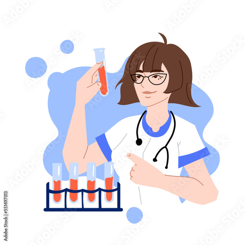 Nurse with a test tube. Medicine, Capsule, tablet, syrup, plate, pill reminder, ambulance, blood test, blood type, disease, antiseptic, pharmacy. Health care concept. Vector illustration in flat style