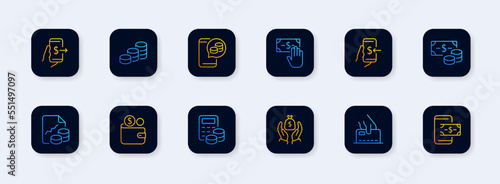 Finencial literacy set icon. Money, cash, transfer, dollar bill, currency, coin, cent, transaction, arrows, beg, send, receive, salary, income, tax. Business concept. Neomorphism. Vector line icon