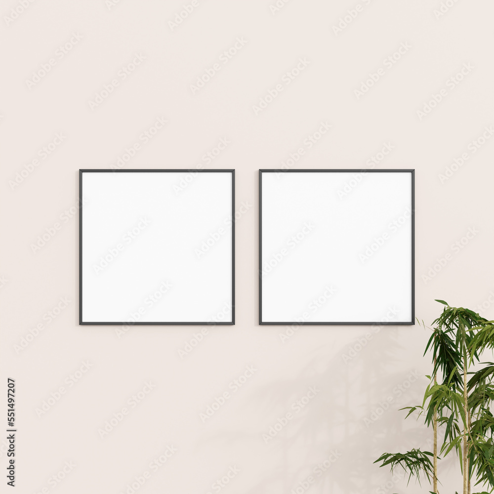Minimal frame mockup on white wall with plant. Poster mockup. Clean, modern, minimal frame. 3d rendering. Minimal frame mockup on white wall with plant. Poster mockup. Clean, modern, minimal frame. 3d rendering.