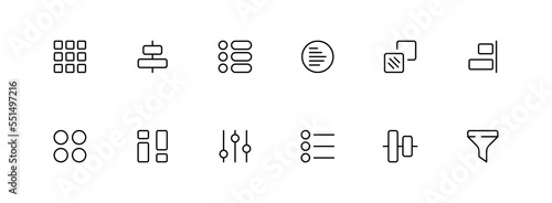Menu buttons set icon. Tiles, squares, arrows, lists, application buttons, alignment, slider, slide, scrolling. Knob concept. Vector black line icon on a white background
