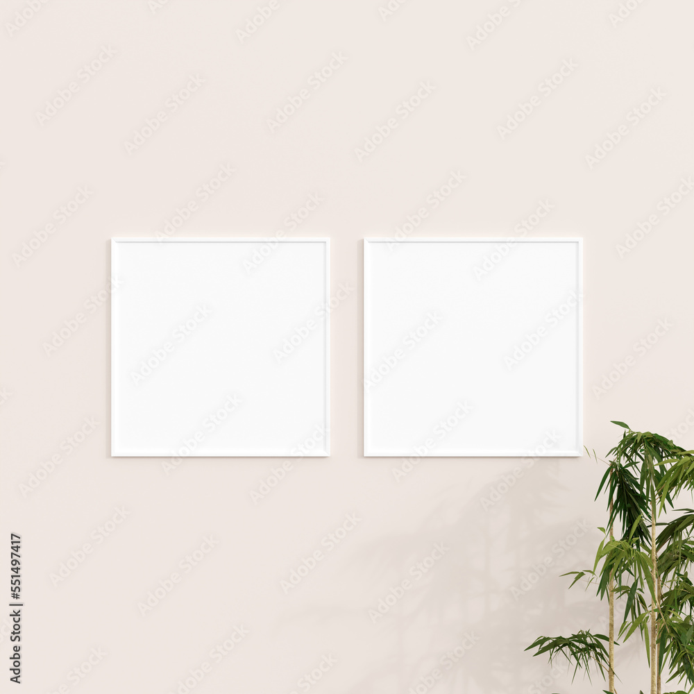 Minimal frame mockup on white wall with plant. Poster mockup. Clean, modern, minimal frame. 3d rendering. Minimal frame mockup on white wall with plant. Poster mockup. Clean, modern, minimal frame. 3d rendering.