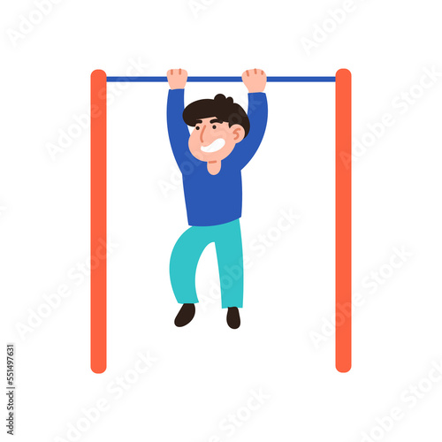 The man pulls up on the horizontal bar.. Sports ground, horizontal beefy athletic man, rope, workout, bolibuilding. Healthy lifestyle concept. Flat style. Man in a blue tshirt on a white background