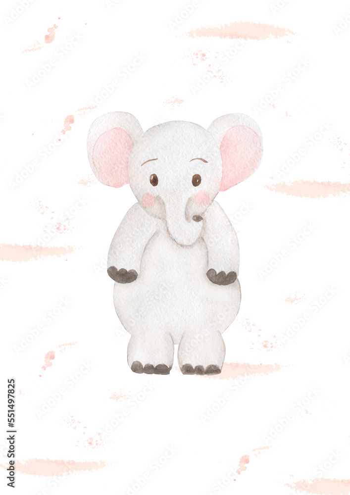 Fototapeta premium Watercolor cute elephant illustration, fun kids hand drawn nursery poster with little animal. Delicate color clipart in scandinavian style.