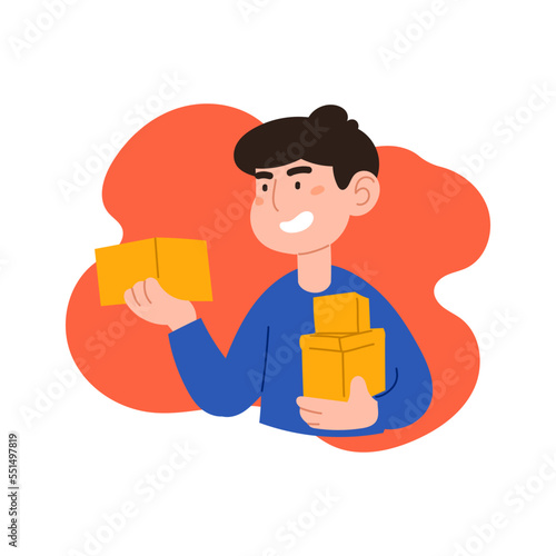 Man carries a box in his hands. Young guy in a blue tshirt works as a loader, delivers parcels, post, delivery, purchase, order, package. Flat style. Boy in a blue tshirt on a white background