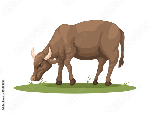 Farm Buffalo eating grass. rural animal life symbol cartoon illustration vector