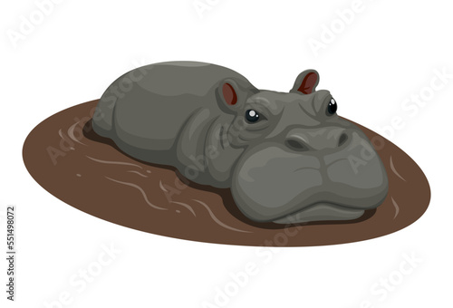 Hippo soaking in the swamp. wild animal character illustration vector