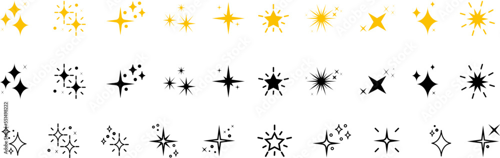 Set of sparkles star icons.Christmas star icon.Star png.Bright firework.Light icon set.Flash,shine sparkle icon,glare,blink star.Black and yellow star icons isolated on white background. Set of sparkles star icons.Christmas star icon.Star png.Bright firework.Light icon set.Flash,shine sparkle icon,glare,blink star.Black and yellow star icons isolated on white background.