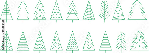 Set of green christmas tree line icons .Christmas tree with a stars. Vector linear simple christmas tree icons collection isolated on white background.