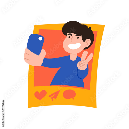 The boy makes a new photo in the social network. Feedback, Share, pointer, thumbs up, star, like, heart, favorites, important, call back, comment, speechbubble, dialogue, new post