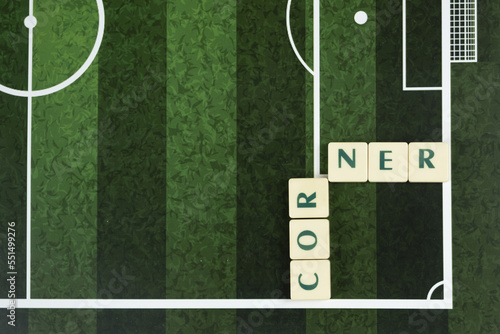 Football corners term educational photo, typographic soccer concept, simple design, corner banner idea, football field photo