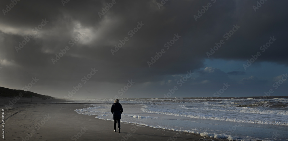 north sea coast, clouds, netherlands, beach, waves, lonely stroller, walking trhe dog, panorama, dark weather,
