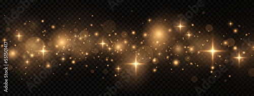 Golden sparks and glitter special light effect. Shining bokeh is isolated on a transparent background. © FlammaChe