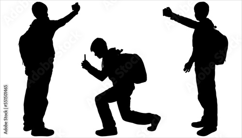 Boy taking photos by cell phone. Guy looking at the phone screen, and shooting a video. Teen talking with a friend using video call, taking pictures for memories. Black silhouette isolated on white ba