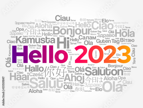 Hello 2023 word cloud in different languages of the world, concept background