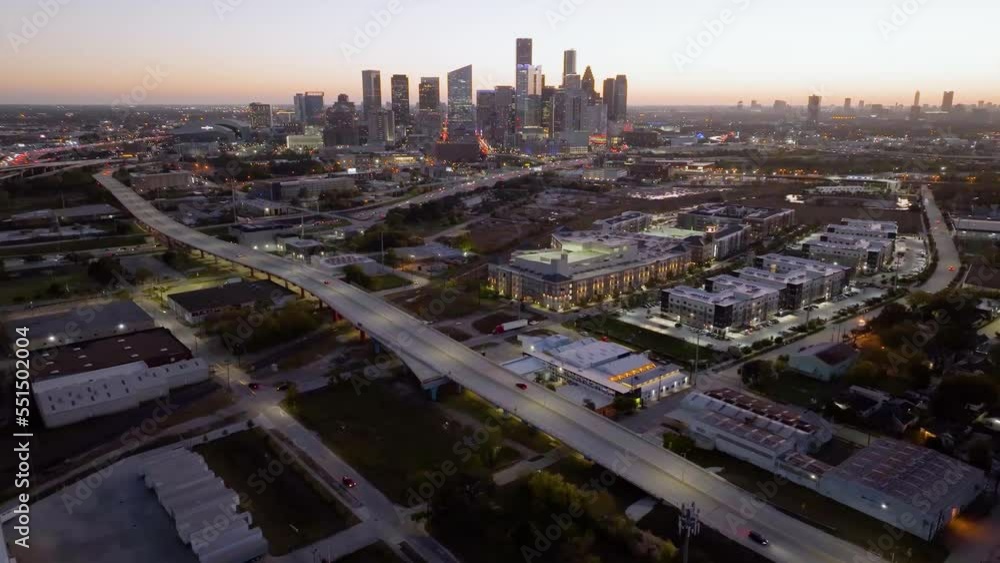 Aerial view overlooking the Elysian street in Northside Village, quiet morning in Houston, USA Aerial view overlooking the Elysian street in Northside Village, quiet morning in Houston, USA