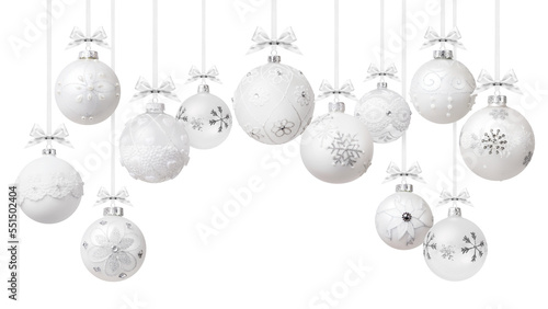 Christmas decorative baubles balls with silver shiny ribbons bows and glitter patterns  hanging with metal chain on transparent background. Gift greeting card ticket or promotional banner template.