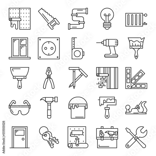 Home repair icon set vector isolated. Collection of simple line icons, pictograms of different tools. Hammer, paintbrush, door and window, house renovation symbols.