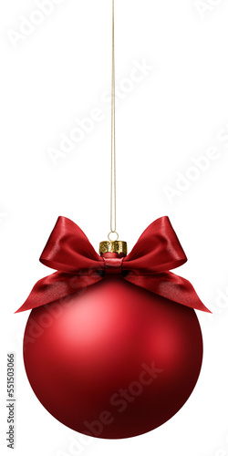 hanging red Christmas bauble ball with bright shiny ribbon bow and metal chain isolated on transparent background, for label, promotional shopping banner or sale ticket price