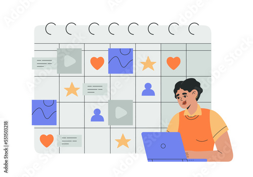 Girl marketer with laptop makes a content plan on calendar. Planning and promotion publication in networks and websites. Hand drawn vector illustration isolated on white background, flat cartoon style