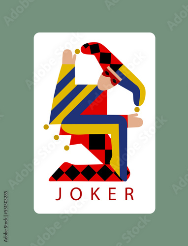 Joker playing card and logo design in funny modern flat style. Vector illustration